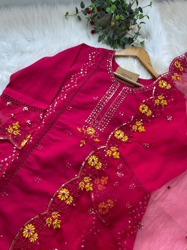 Pure Cotton Party Wear Kurti Set with Organza Embroidered Dupatta
