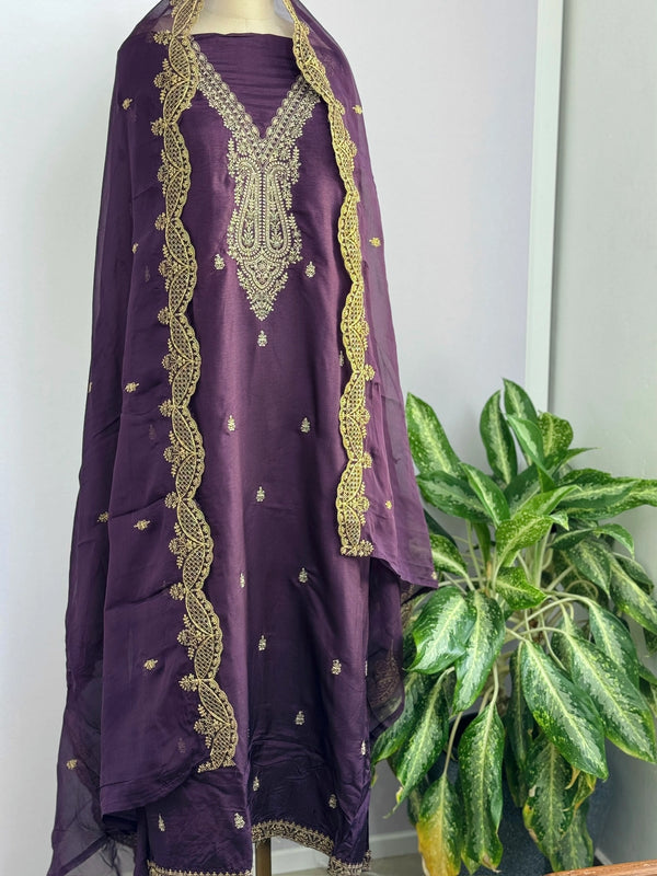 Russian Silk Unstitched Partywear Suit with Organza Dupatta – Elegant Ethnic Wear
