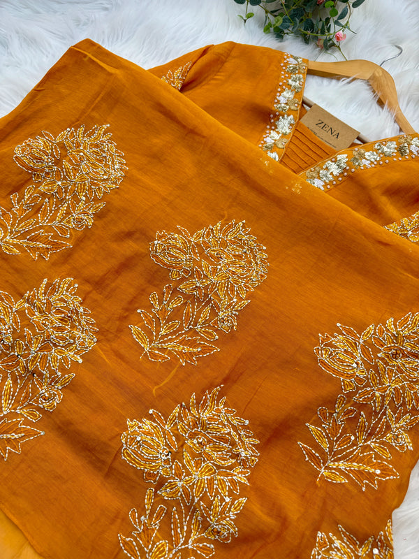 Premium Mul Chanderi Hand Detailed A-Line Kurti Set – Grace in Every Thread