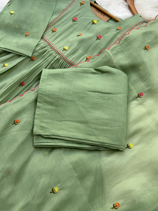 ✨ Glass Chanderi Anarkali Kurti Set – Top, Bottom & Dupatta ✨