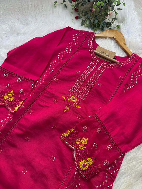 Pure Cotton Party Wear Kurti Set with Organza Embroidered Dupatta