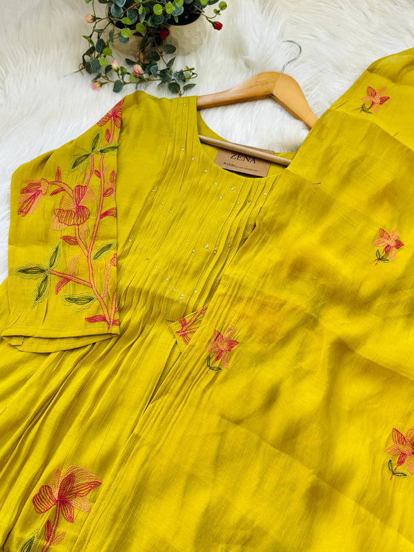 Mul Chanderi Embroidered Anarkali Kurti Set – Timeless Elegance in Every Fold