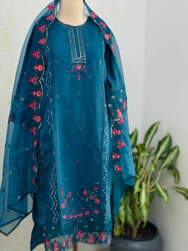 Pure Cotton Party Wear Kurti Set with Organza Embroidered Dupatta