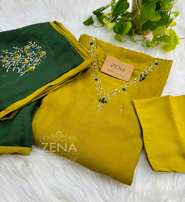 Mul Chanderi Hand Detailed A-Line Kurti Set – Subtle Elegance, Effortless Comfort