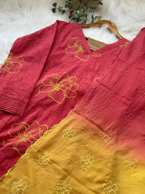 Pure Mul Cotton Embroidered Kurti Set