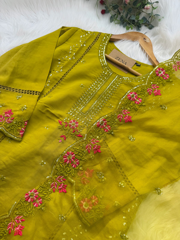 Pure Cotton Party Wear Kurti Set with Organza Embroidered Dupatta