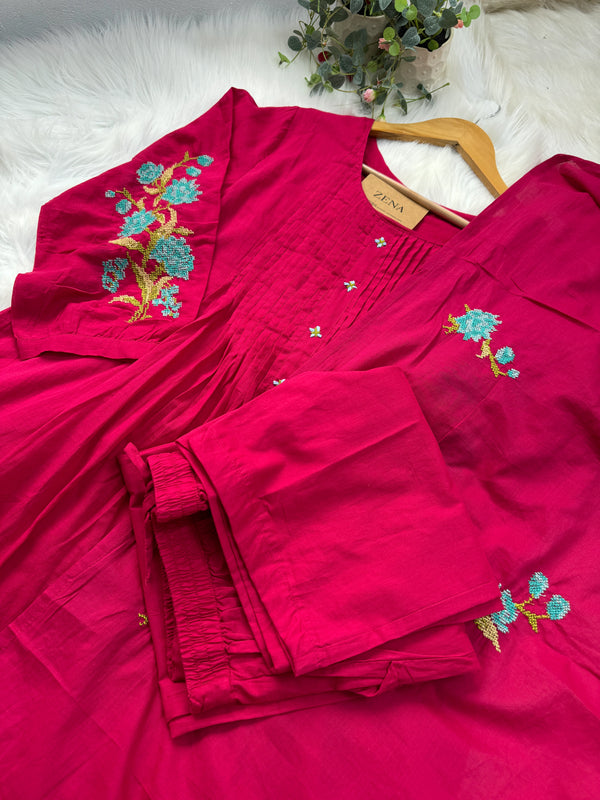 Pure Mul Cotton Embroidered Anarkali Set