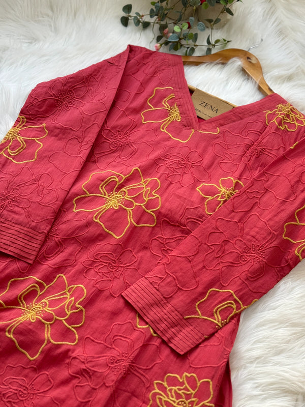 Pure Mul Cotton Embroidered Kurti Set