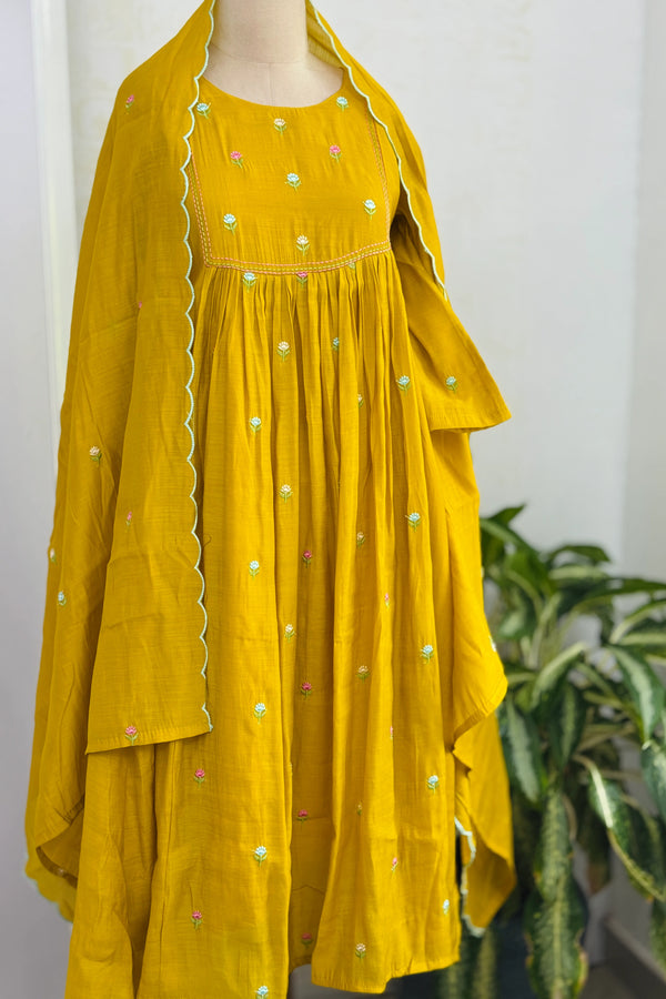 ✨ Glass Chanderi Anarkali Kurti Set – Top, Bottom & Dupatta ✨