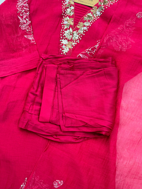 Premium Mul Chanderi Hand Detailed A-Line Kurti Set – Grace in Every Thread