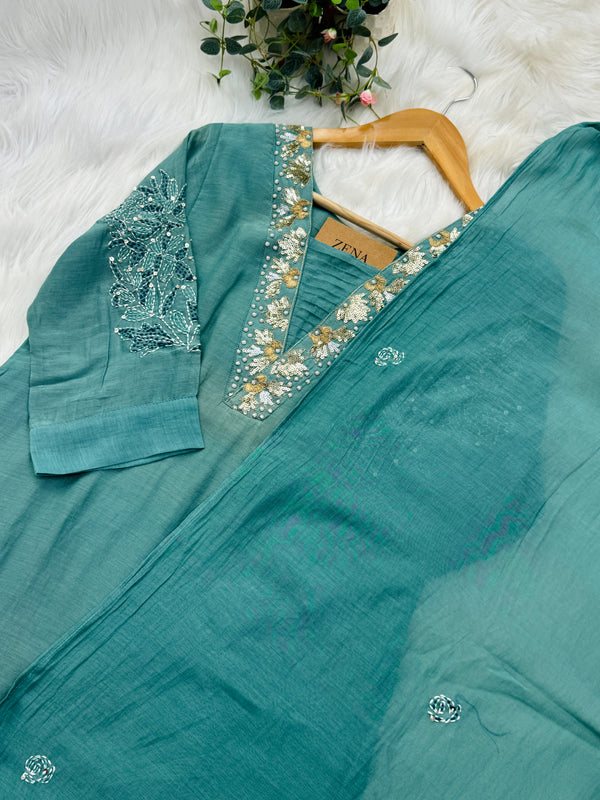 Premium Mul Chanderi Hand Detailed A-Line Kurti Set – Grace in Every Thread