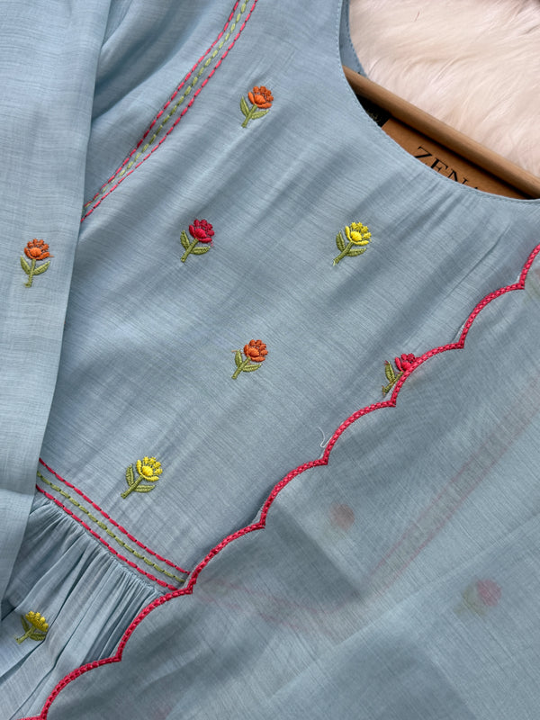 ✨ Glass Chanderi Anarkali Kurti Set – Top, Bottom & Dupatta ✨