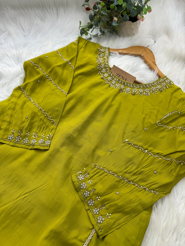 Roman Silk Hand Work A-Line Kurti Set – Elegant Partywear