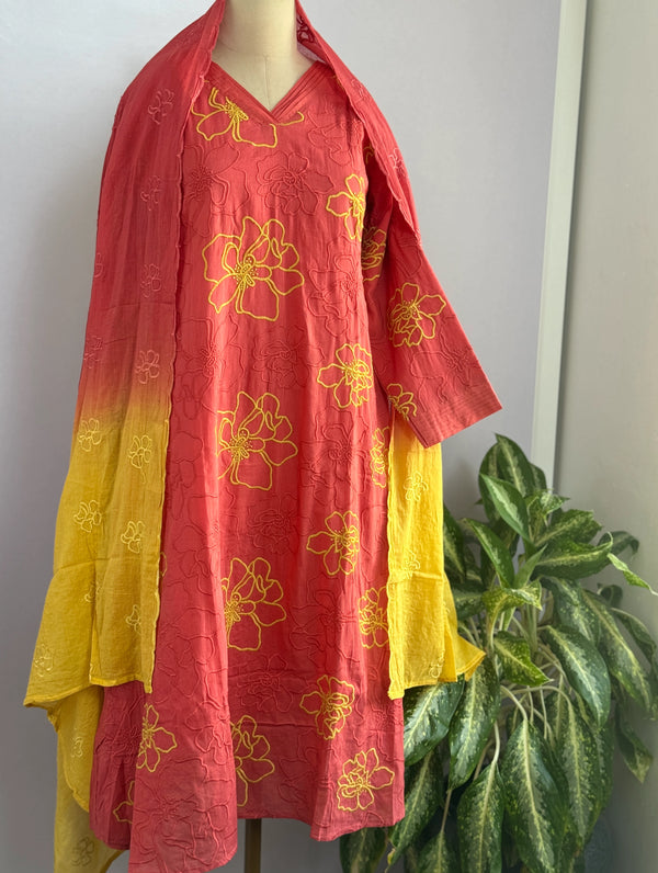 Pure Mul Cotton Embroidered Kurti Set