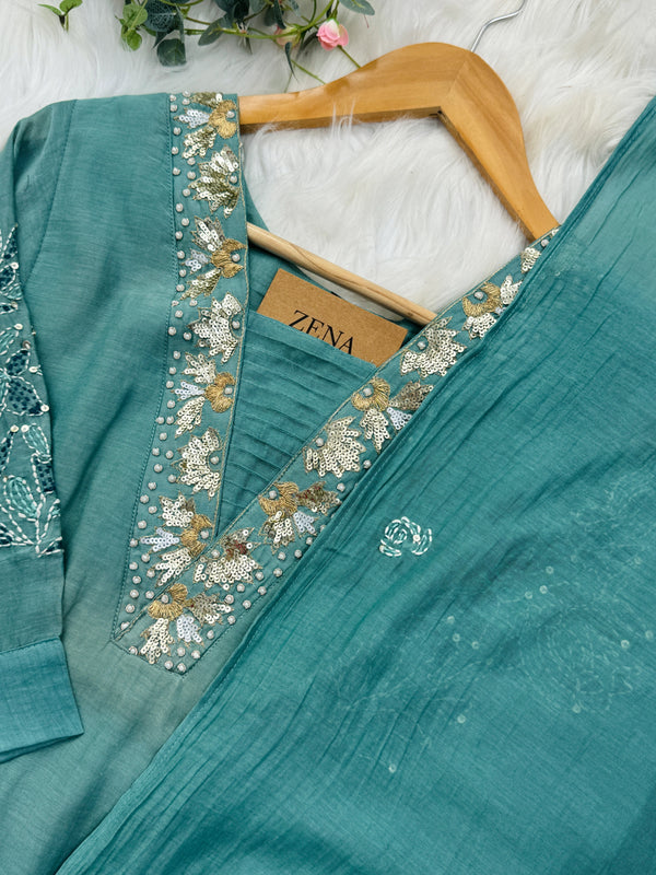 Premium Mul Chanderi Hand Detailed A-Line Kurti Set – Grace in Every Thread