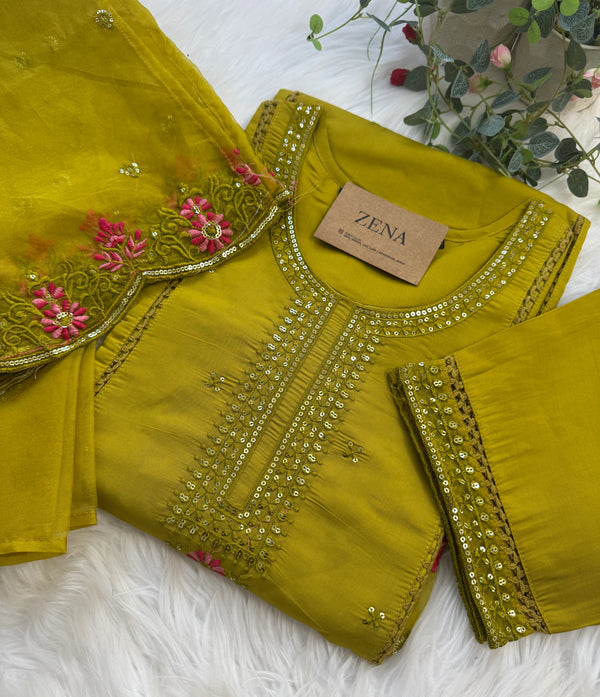 Pure Cotton Party Wear Kurti Set with Organza Embroidered Dupatta