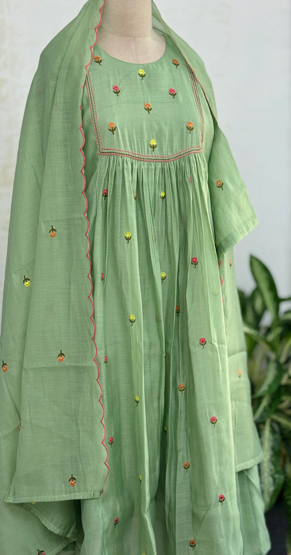 ✨ Glass Chanderi Anarkali Kurti Set – Top, Bottom & Dupatta ✨