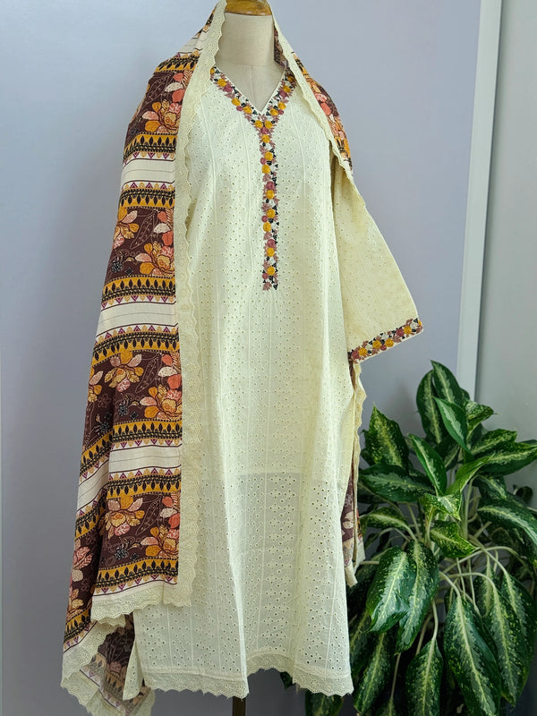 Cotton Hacoba Embroidered Kurti Set – Stylish & Comfortable