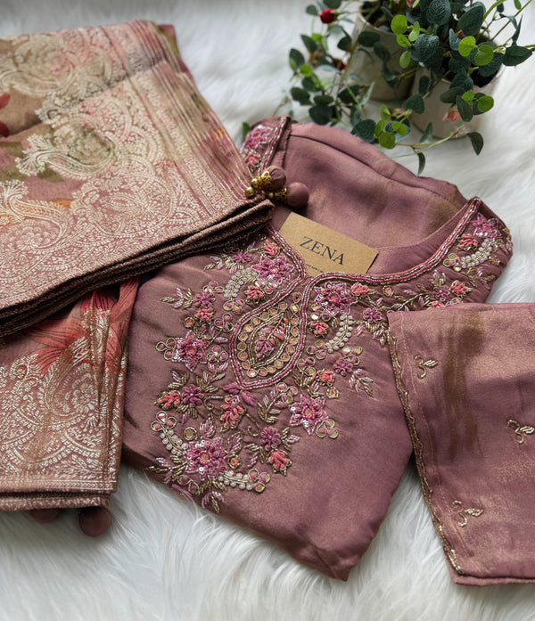 Tissue Silk Hand Detailed Kurti Set with Organza Dupatta