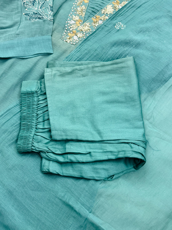 Premium Mul Chanderi Hand Detailed A-Line Kurti Set – Grace in Every Thread