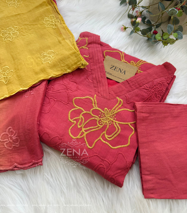 Pure Mul Cotton Embroidered Kurti Set