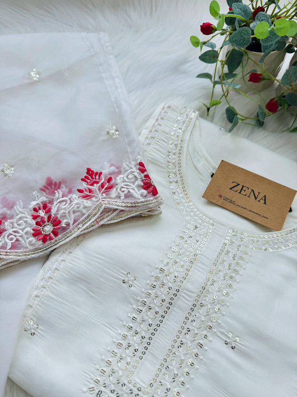 Semi Silk Embroidered Kurti Set with Organza Dupatta – Effortless Festive Elegance