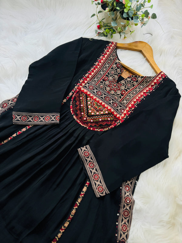 Ajrakh Printed Embroidered Anarkali Set – Modal Muslin Silk with Plazo Pants