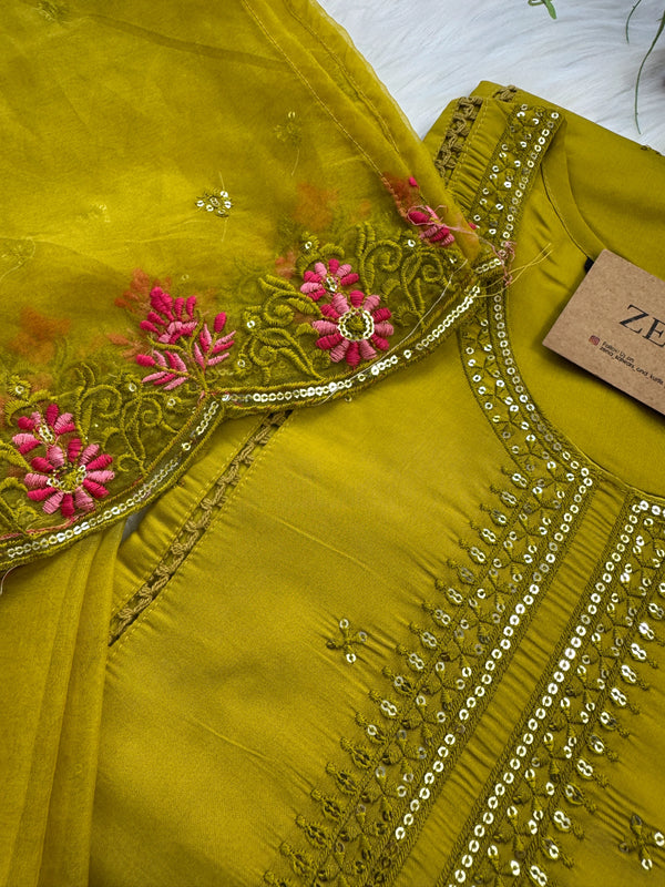 Pure Cotton Party Wear Kurti Set with Organza Embroidered Dupatta