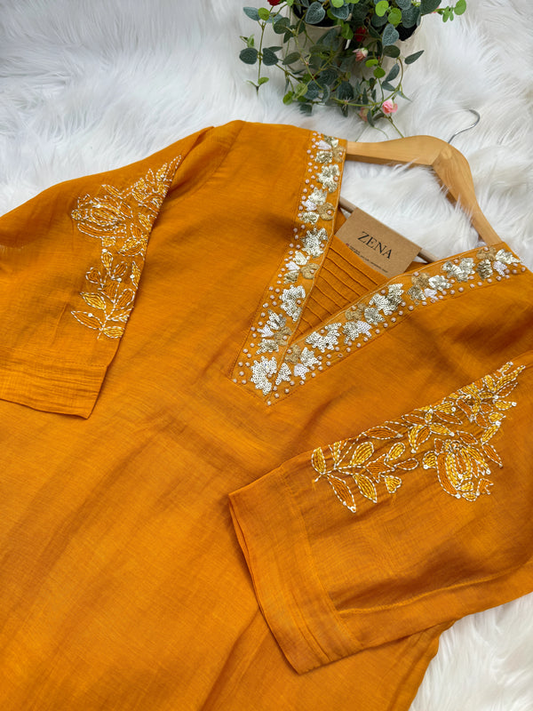Premium Mul Chanderi Hand Detailed A-Line Kurti Set – Grace in Every Thread