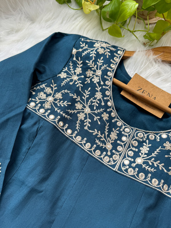 Ready-to-Wear A-Line Embroidered Kurti Set in Chanderi Silk – Subtle Elegance for Every Occasion