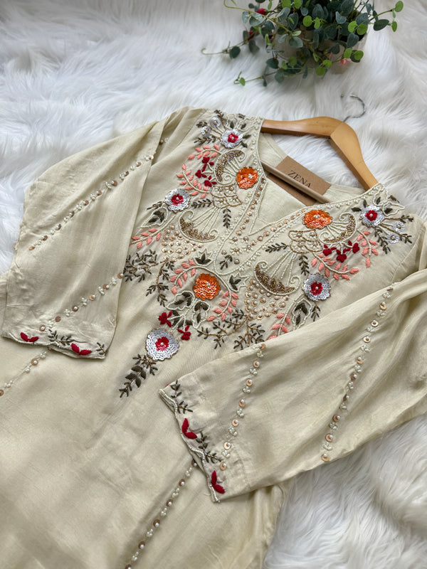 Dola Silk Handwork Kurti Set with Organza Dupatta