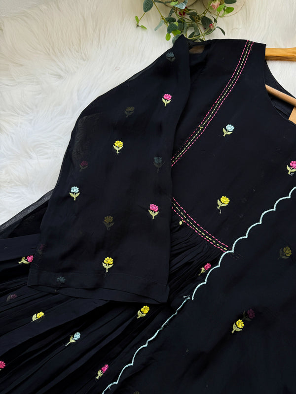 ✨ Glass Chanderi Anarkali Kurti Set – Top, Bottom & Dupatta ✨