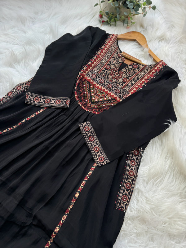 Ajrakh Printed Embroidered Anarkali Set – Modal Muslin Silk with Plazo Pants