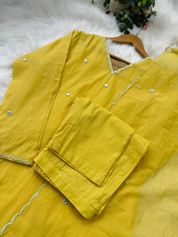 Premium Mul Chanderi Mirror Work A-Line Kurti Set – Shine with Subtle Elegance