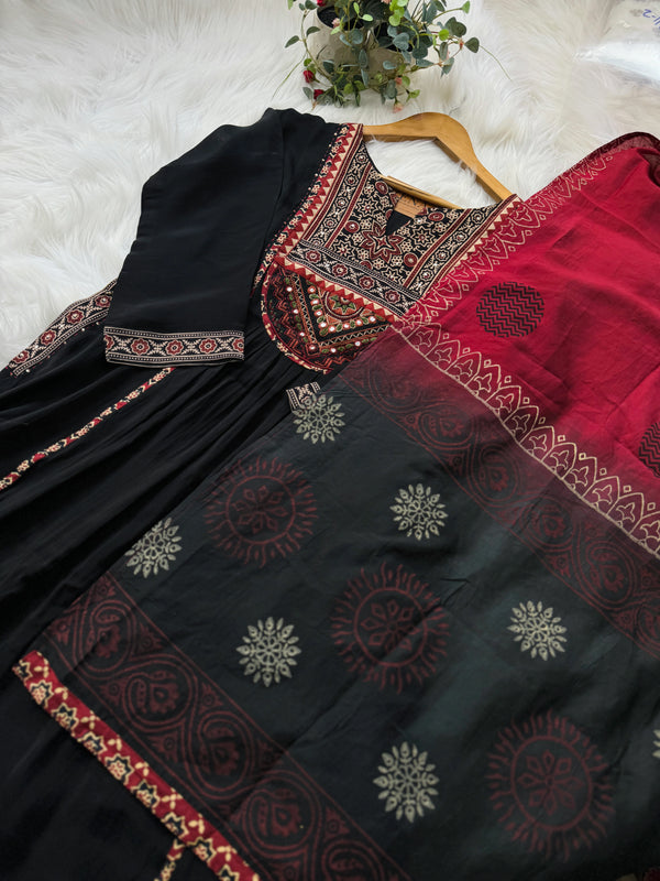 Ajrakh Printed Embroidered Anarkali Set – Modal Muslin Silk with Plazo Pants