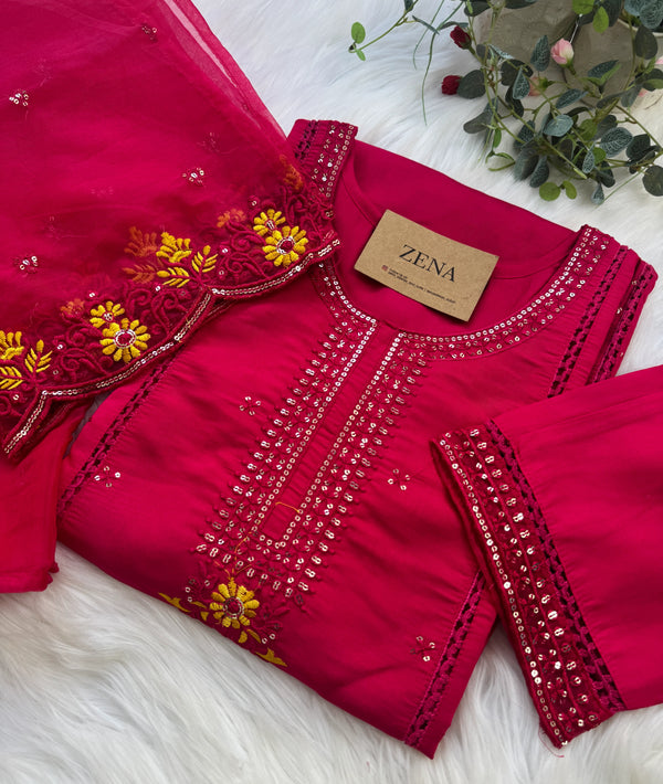 Pure Cotton Party Wear Kurti Set with Organza Embroidered Dupatta