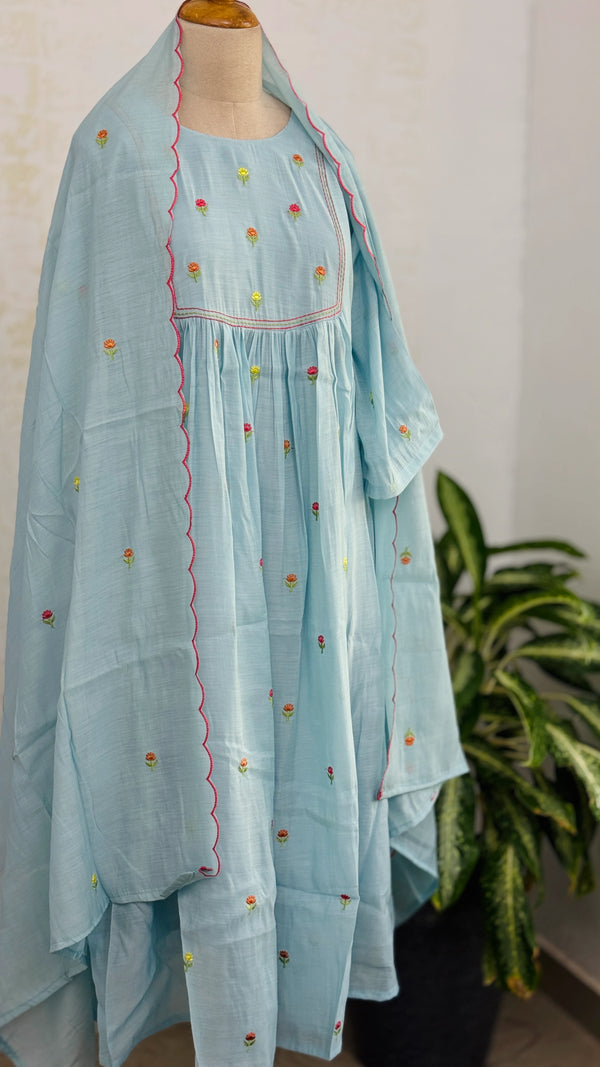 ✨ Glass Chanderi Anarkali Kurti Set – Top, Bottom & Dupatta ✨