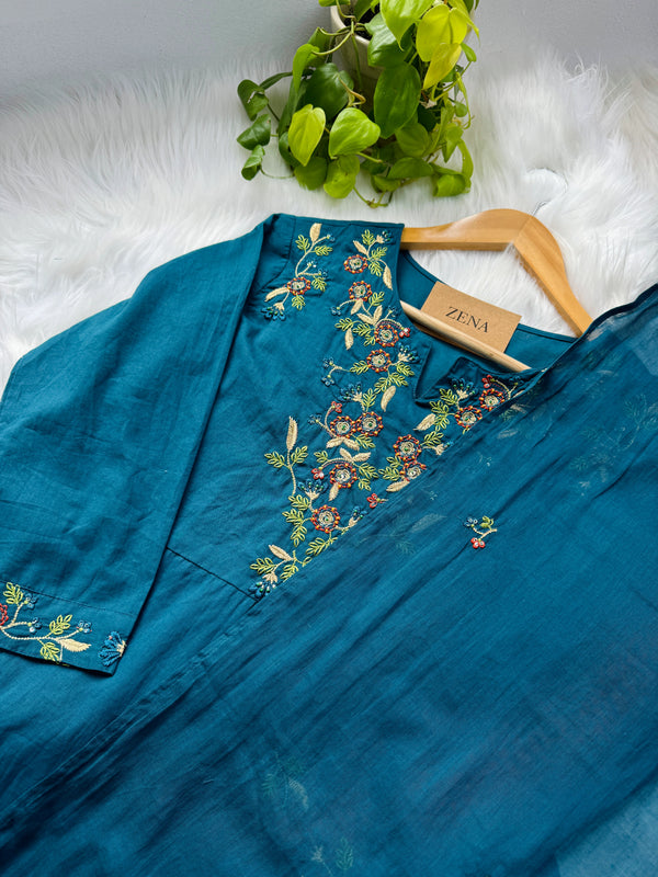 Mul Chanderi Embroidered A-Line Kurti Set