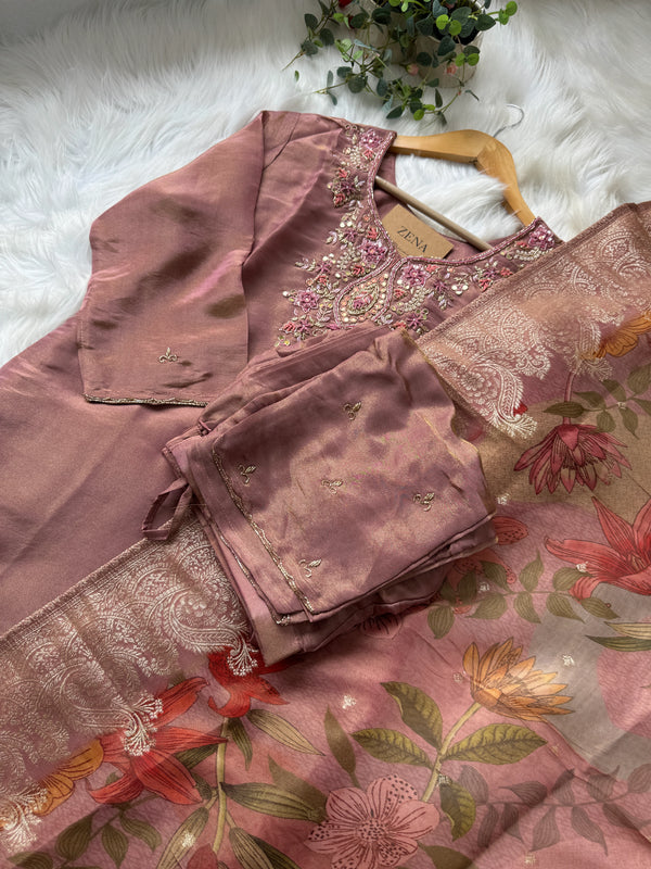 Tissue Silk Hand Detailed Kurti Set with Organza Dupatta