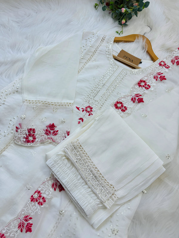 Semi Silk Embroidered Kurti Set with Organza Dupatta – Effortless Festive Elegance