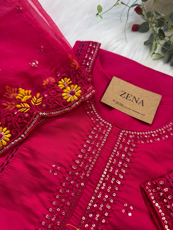 Pure Cotton Party Wear Kurti Set with Organza Embroidered Dupatta