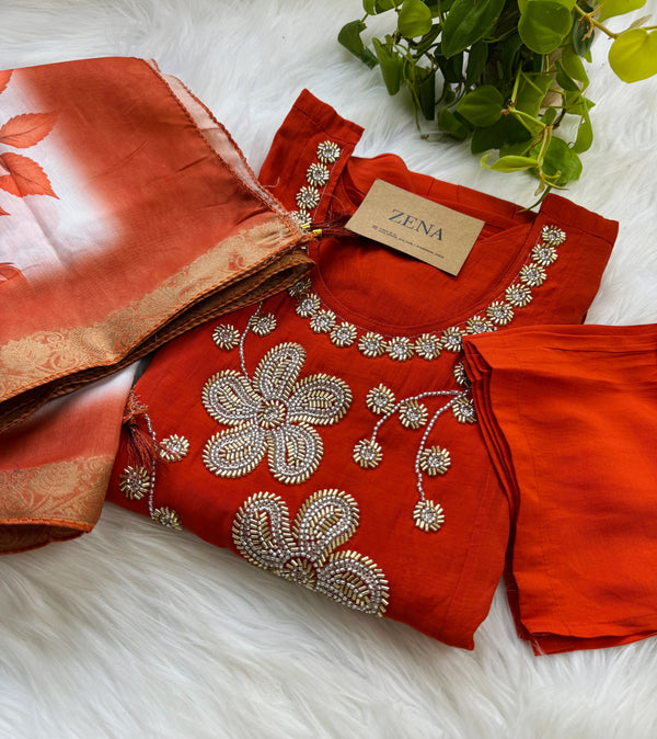 Premium Mul Chanderi Handwork Anarkali Set