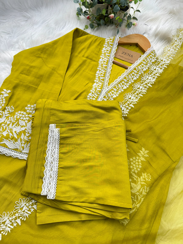 Mul Cotton Embroidered A-Line Kurti Set