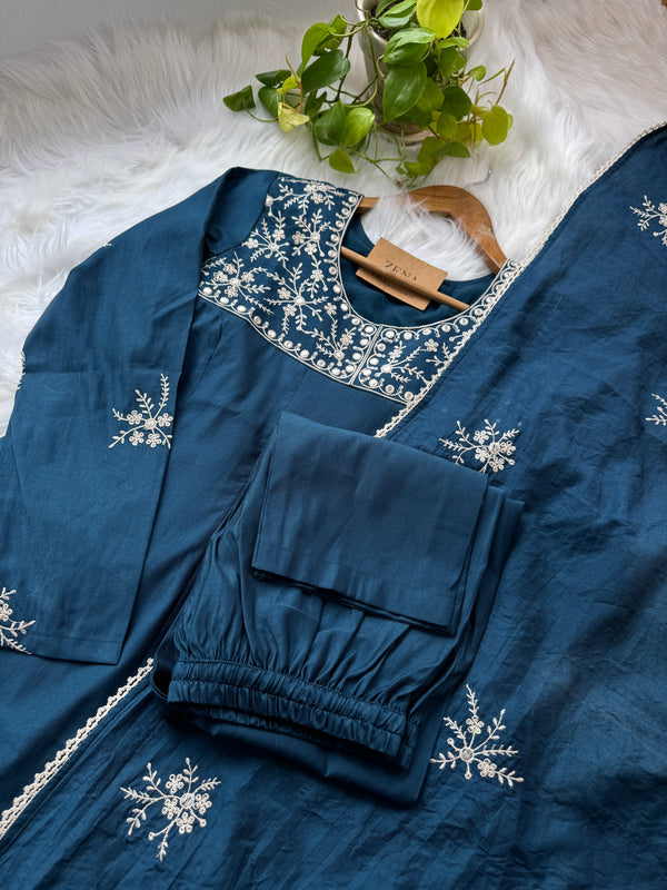 Ready-to-Wear A-Line Embroidered Kurti Set in Chanderi Silk – Subtle Elegance for Every Occasion