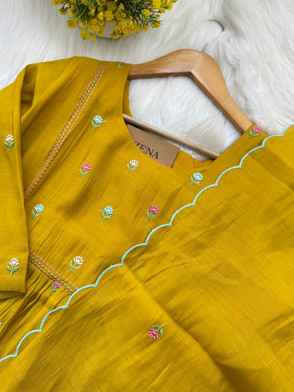 ✨ Glass Chanderi Anarkali Kurti Set – Top, Bottom & Dupatta ✨