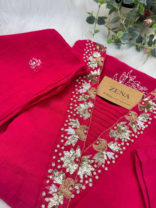 Premium Mul Chanderi Hand Detailed A-Line Kurti Set – Grace in Every Thread