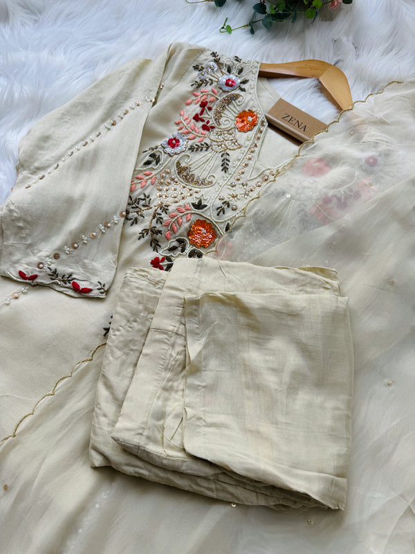 Dola Silk Handwork Kurti Set with Organza Dupatta