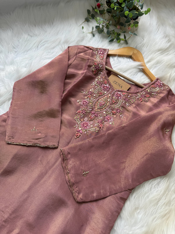 Tissue Silk Hand Detailed Kurti Set with Organza Dupatta