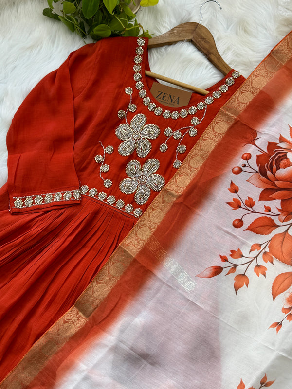 Premium Mul Chanderi Handwork Anarkali Set