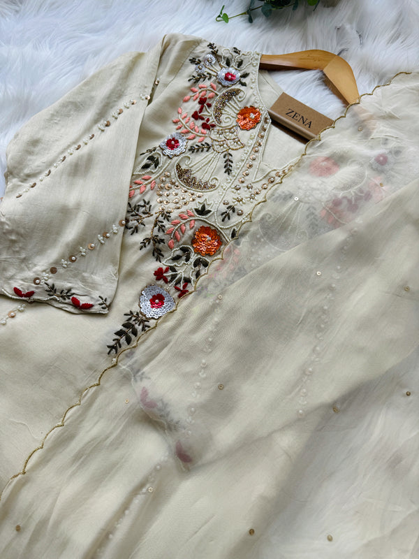 Dola Silk Handwork Kurti Set with Organza Dupatta